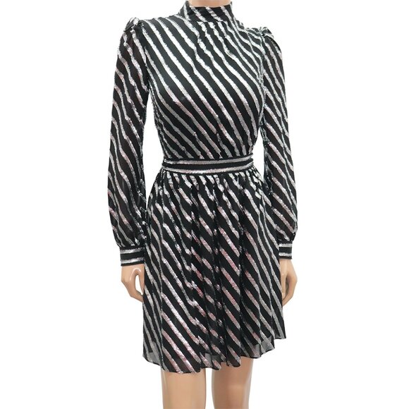 MICHAEL Michael Kors Metallic Stripe Silk Jacquard Black Silver Mini Dress 2 - Picture 5 of 8
